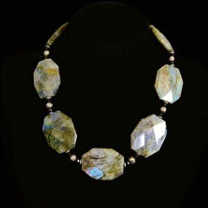 Vintage 90s Faceted Labradorite & Jet Statement Necklace Bohemian
